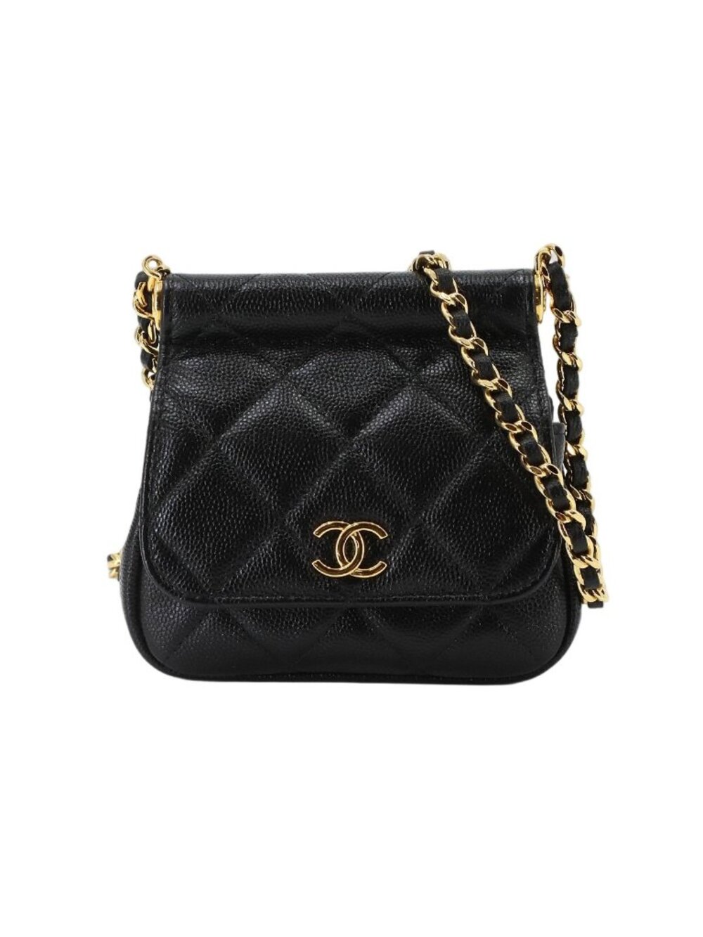 Chanel Quilted Mini Chain Shoulder Bag Caviar Leather Black Gold